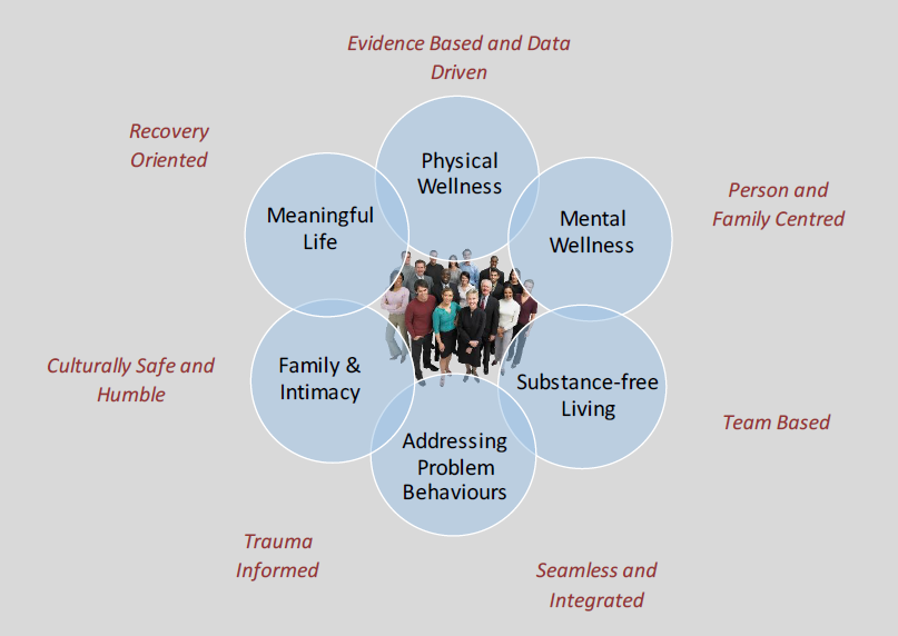  Digram showing Red Fish model of care: Physical wellness; mental wellness; substance-free living; addressing problem behaviours; family & intimacy; and meaningful life; as well as Evidence Based and Data driven; Person and Family Centred: Team Based; Seamless and Integrated; Trauma Informed; Culturally Safe and Humble; and Recovery Oriented