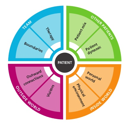Diagram showing patient surrounded by Other Patients (Patient mix, dynamic); Inside World (Personal world, physical environment); Outside World (Outward connections, visitors); and Team (Boundaries, therapy)