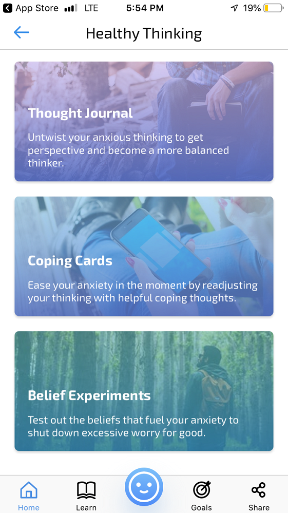 Screenshot of MindShift app showing Thought Journal, Coping Cards, and Belief Experiments