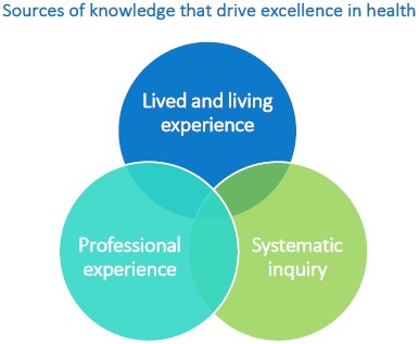 Sources of knowledge that drive excellence in health: Lived and living experience; professional experience; systematic inquiry