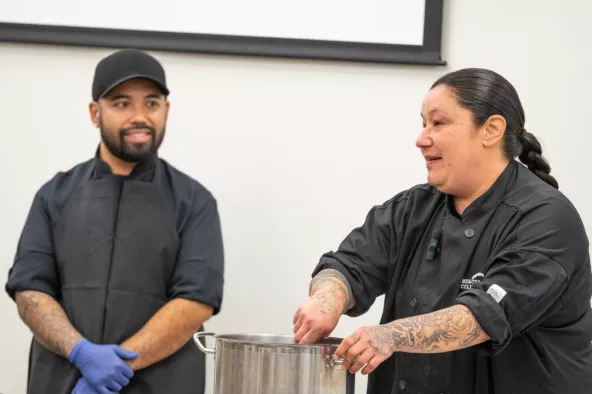 Chef Sarah Mierau provides cooking demonstration at Red Fish Healing Centre.